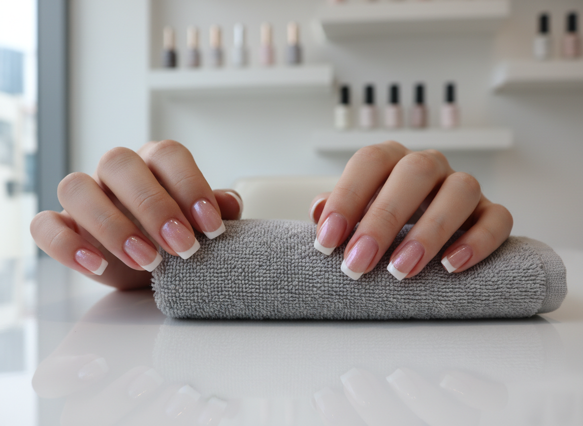 A close-up of elegantly manicured gel nails resting lightly on a folded, dove-gray towel atop a glossy white salon table. Each nail displays a sophisticated French design with a modern twist: sheer pink base, ultra-thin white tips, and a subtle pearlescent sheen that catches the light. In the softly blurred background, sleek nail polish bottles in neutral tones line minimalist white shelving, hinting at a professional Korean nail studio. The scene is illuminated by diffused daylight from a large unseen window, creating gentle reflections on the nails and table surface. Photographic realism, eye-level composition, shallow depth of field, and a calm, luxurious atmosphere evoke a premium nail salon experience in the heart of the city.