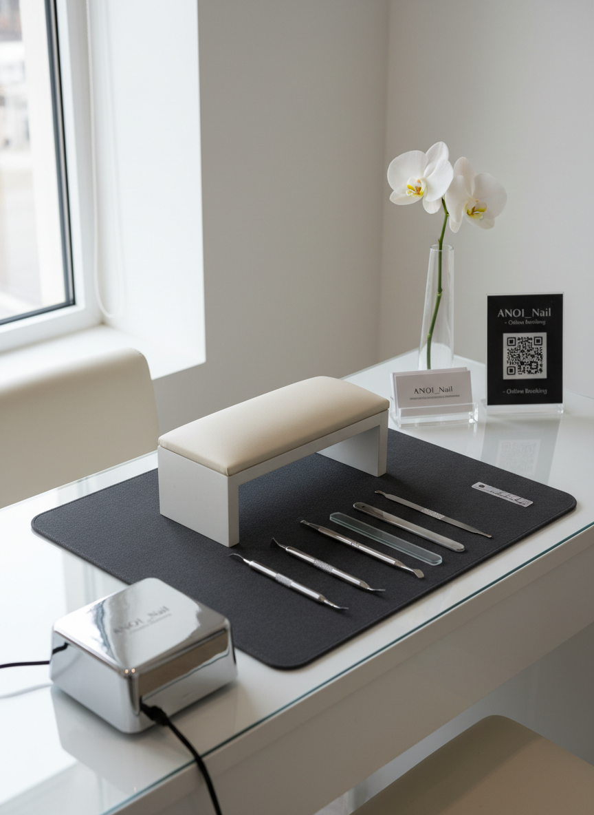 A polished manicure station in a refined nail salon, featuring an immaculate white desk with a built-in cushioned hand rest and neatly arranged tools: sterilized metal cuticle pushers, glass files, and a compact LED gel lamp with a subtle chrome finish. A small, elegant acrylic stand holds appointment cards and a discreet QR code plaque suggesting easy online booking, positioned beside a single white orchid in a slim vase. Soft studio lighting combines with gentle window light, casting clean, minimal shadows and highlighting the pristine surfaces. Shot from a slightly elevated angle with sharp focus throughout, the composition emphasizes organization, hygiene, and sophistication, creating a serene yet professional atmosphere ideal for showcasing a high-end ANOI_Nail service environment.