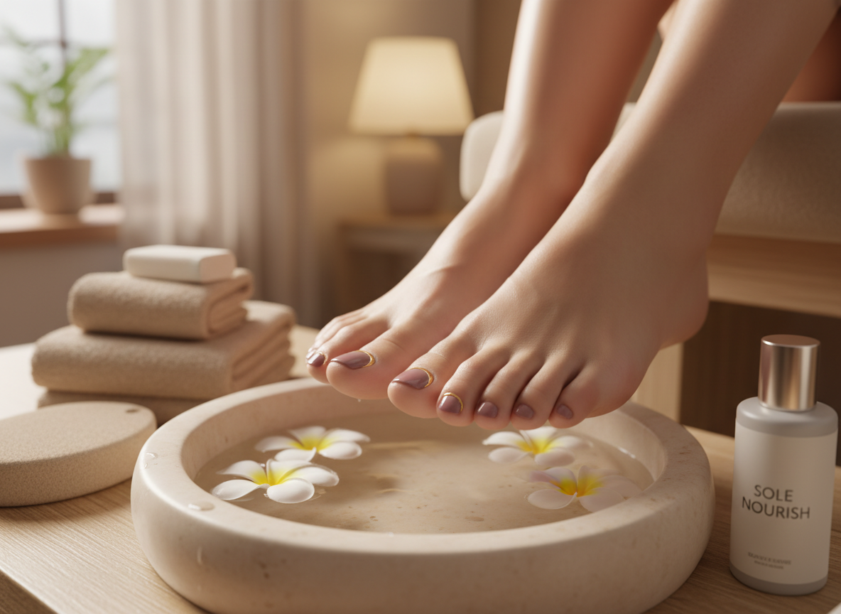 A pair of impeccably groomed feet resting on a smooth, pale stone footrest above a shallow pedicure basin filled with warm, clear water and a few floating white petals. The toenails showcase a chic gel pedi design in muted mauve with a delicate metallic accent on each big toe, finished to a high-gloss shine. Around the basin, neatly folded beige towels, a slender pumice stone, and a minimalist bottle of foot lotion suggest comprehensive foot care. Soft, warm overhead lighting blends with faint natural light from the side, creating a tranquil spa-like glow. Photographic realism, low-angle close-up, and a shallow depth of field focus attention on the pedi nails while the background dissolves into a soothing blur.