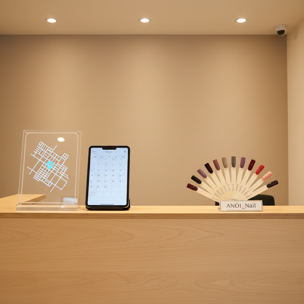 A reception counter in a contemporary Korean nail salon, crafted from warm light wood with a smooth, matte finish, set against a soft beige wall. On the counter, a minimalist acrylic stand displays a subtle city map outline with a highlighted neighborhood marker, suggesting the salon’s location, alongside a sleek tablet with a glowing calendar interface implying easy booking. Nearby, a small display of gel nail color swatches fans out elegantly, showcasing deep wine, soft lilac, muted taupe, and classic red. Ambient ceiling lighting casts an even, flattering glow over the scene, with slight reflections on the tablet’s screen. Photographic realism, eye-level composition, and a slightly wide framing create an inviting, sophisticated atmosphere that communicates professionalism and accessibility for ANOI_Nail.