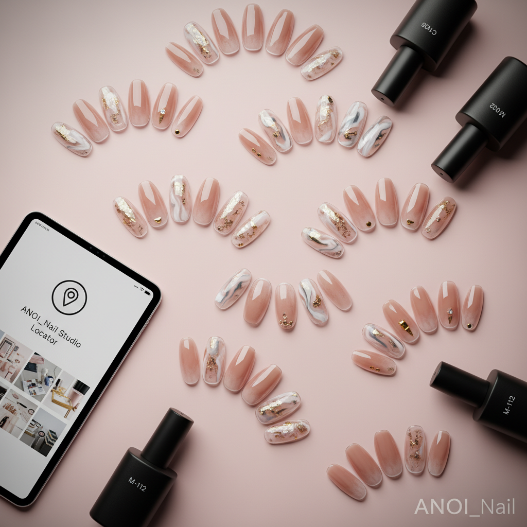 An artistic flat lay of nail art design samples displayed on transparent nail tips, arranged in gentle curves across a pale blush background. The designs range from understated nude gradients and Korean-style glass nails to intricate marble patterns, tiny metallic accents, and subtle gemstone details, all executed with gel polish for a flawless, glossy finish. Along the edges of the frame, sleek gel bottles labeled only by color codes and a slim digital tablet showing a stylized map pin icon hint at location information and design browsing. Soft, diffused overhead lighting minimizes shadows and enhances the luminosity of each design. The composition is clean and modern, photographed with sharp focus and a slight vignette to create a sophisticated, editorial feel for ANOI_Nail’s nail art portfolio.