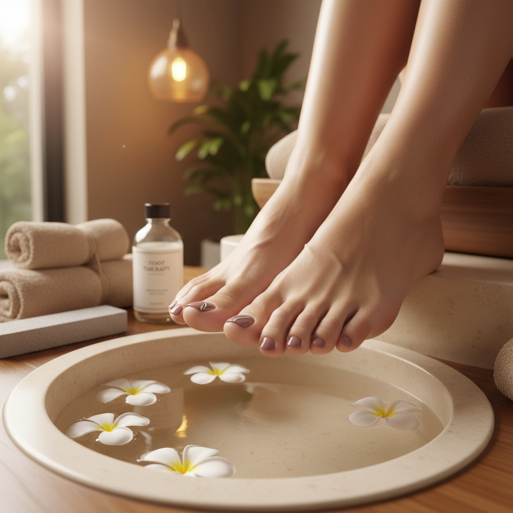 A pair of impeccably groomed feet resting on a smooth, pale stone footrest above a shallow pedicure basin filled with warm, clear water and a few floating white petals. The toenails showcase a chic gel pedi design in muted mauve with a delicate metallic accent on each big toe, finished to a high-gloss shine. Around the basin, neatly folded beige towels, a slender pumice stone, and a minimalist bottle of foot lotion suggest comprehensive foot care. Soft, warm overhead lighting blends with faint natural light from the side, creating a tranquil spa-like glow. Photographic realism, low-angle close-up, and a shallow depth of field focus attention on the pedi nails while the background dissolves into a soothing blur.