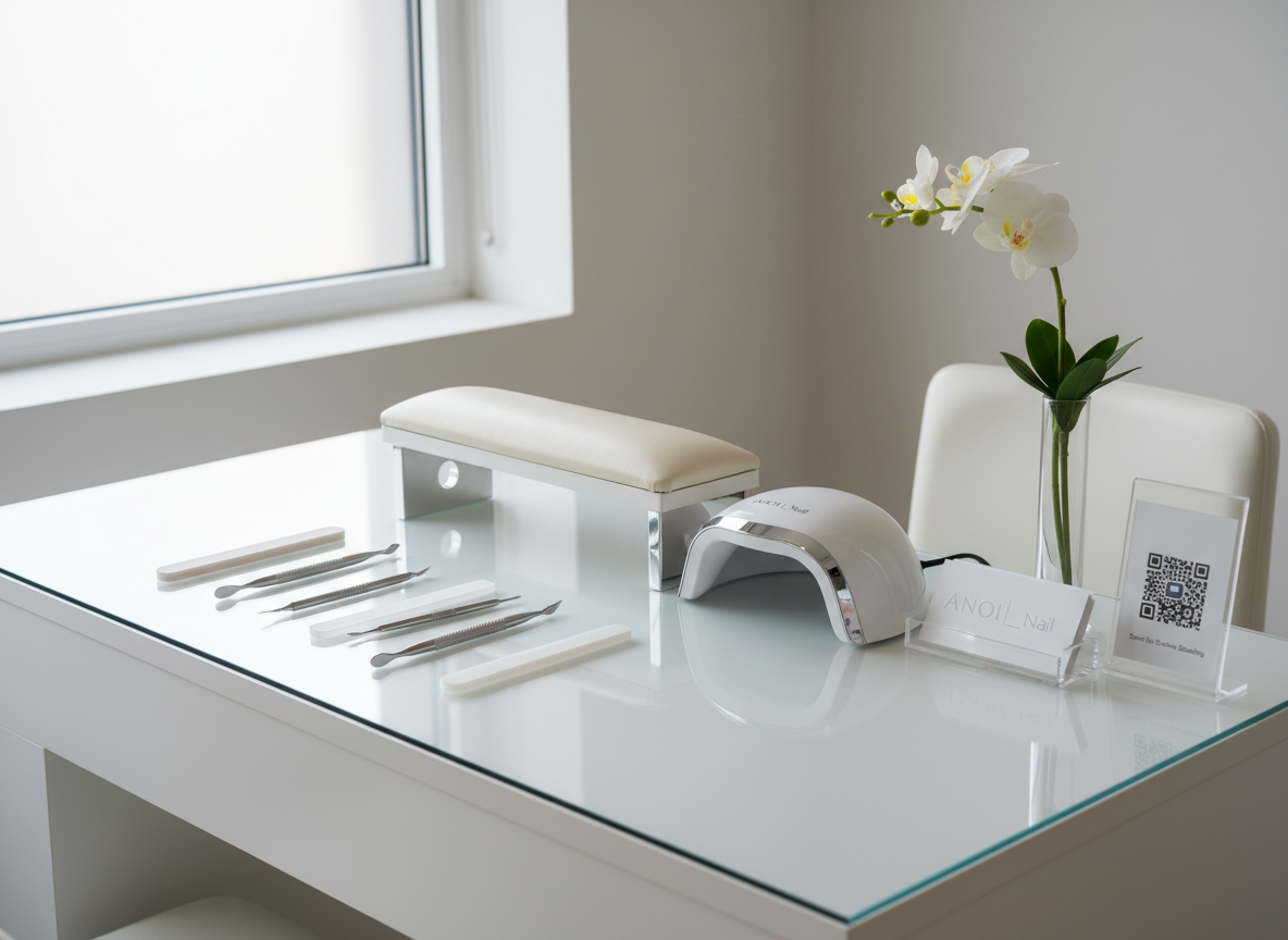 A polished manicure station in a refined nail salon, featuring an immaculate white desk with a built-in cushioned hand rest and neatly arranged tools: sterilized metal cuticle pushers, glass files, and a compact LED gel lamp with a subtle chrome finish. A small, elegant acrylic stand holds appointment cards and a discreet QR code plaque suggesting easy online booking, positioned beside a single white orchid in a slim vase. Soft studio lighting combines with gentle window light, casting clean, minimal shadows and highlighting the pristine surfaces. Shot from a slightly elevated angle with sharp focus throughout, the composition emphasizes organization, hygiene, and sophistication, creating a serene yet professional atmosphere ideal for showcasing a high-end ANOI_Nail service environment.