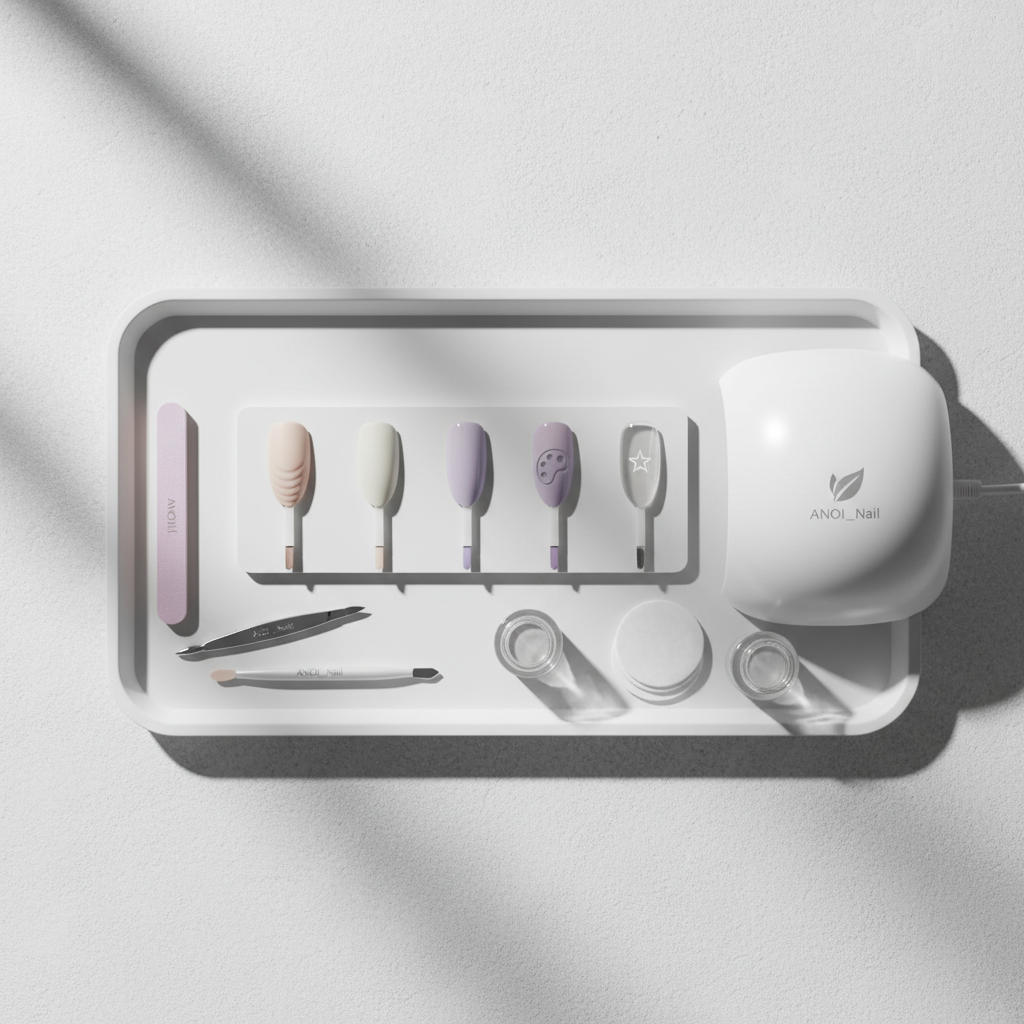 A meticulous step-by-step nail care setup on a minimalist white tray, showing the progression from bare to beautifully finished nails without revealing a full hand. Close-up shots of separate nail tips on a practice board illustrate each stage: gentle filing, cuticle refinement, base coat, soft pastel gel color, and a glossy top coat. Surrounding the board are tidy, high-quality tools, a compact UV/LED lamp, and small bottles labeled only by subtle icons for care, color, and finish. Soft side lighting from an unseen window creates delicate shadows and highlights the textures of the gel layers. Photographic realism, overhead composition, and a calm, methodical atmosphere emphasize expert general nail care and the precise technique associated with ANOI_Nail.